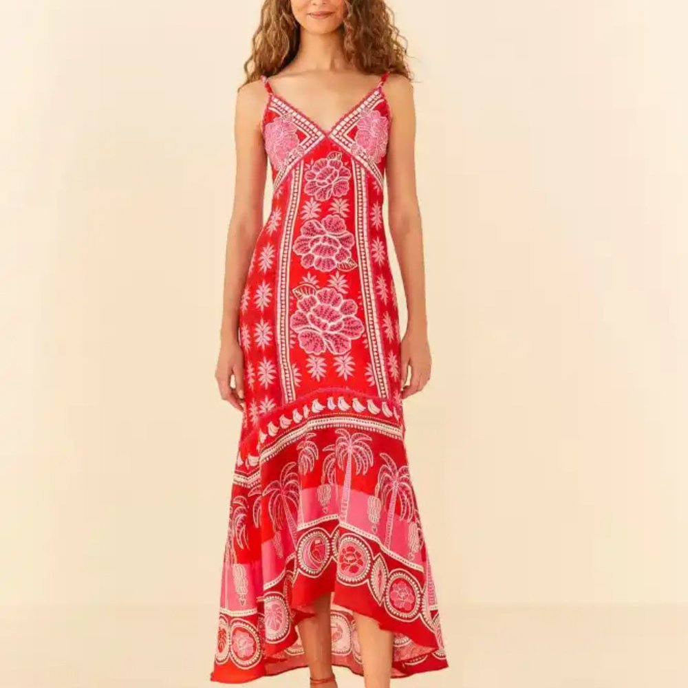 NWT FARM RIO Summer Sunrise Embroidered Linen Maxi Dress